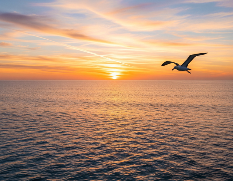 Puesta de sol sobre el mar Cantábrico en Gijón con gaviota volando, simbolizando bienestar y libertad emocional.